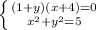 \left \{ {{(1+y)(x+4)=0} \atop {x^2+y^2=5}} \right.