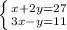 \left \{ {{x+2y=27} \atop {3x-y=11}} \right.