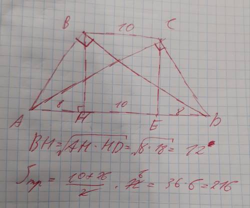 В равнобедренной трапеции основания равны 10 и 26, а диагонали перпендикулярны боковым сторонам. Най