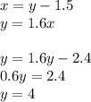 x = y - 1.5 \\ y = 1.6x \\ \\ y = 1.6y - 2.4 \\ 0.6y = 2.4 \\ y = 4