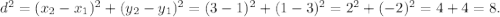 d^2=(x_2-x_1)^2+(y_2-y_1)^2=(3-1)^2+(1-3)^2=2^2+(-2)^2=4+4=8.