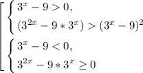 \left[ \begin{gathered} \left\{ \begin{gathered} 3^x-90, \hfill \\ (3^{2x}-9*3^x)(3^x-9)^2 \hfill \\ \end{gathered} \right. \hfill \\ \left\{ \begin{gathered} 3^x-9