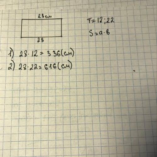 Длина прямоугольника 28 см, а ширина т см. Найти S. Найти значение S, если т=12;22​