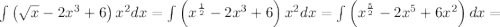 \int\left(\sqrt{x}-2x^3+6\right)x^2dx =\int\left(x^{\frac{1}{2} }-2x^3+6\right)x^2dx =\int\left(x^{\frac{5}{2} }-2x^5+6x^2\right)dx =