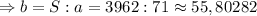 \Rightarrow b=S:a=3962:71 \approx 55,80282