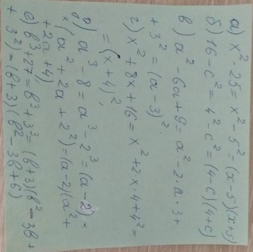 22. Разложите на множители: а) х2 - 25; в) а2 - 6а + 9;б) 16 –c2; г) х2 + 8х + 16;д) а3 - 8;e) b3 +