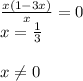 \frac{x(1-3x)}{x} =0\\ x= \frac{1}{3} \\\\x\neq 0