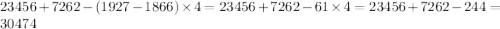 23456 + 7262 - (1927 - 1866) \times 4 = 23456 + 7262 -61 \times 4 = 23456 + 7262 -244 = 30474