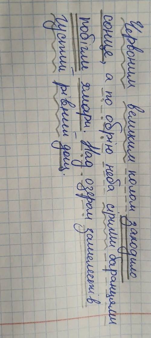 Підкреслити члени речення. Червоним великим колом заходило сонце,а по обрію неба сірими баранцями по