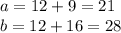 a=12+9=21\\b=12+16=28