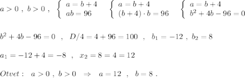 a0\ ,\ b0\ ,\ \ \left\{\begin{array}{l}a=b+4\\ab=96\end{array}\right\ \ \left\{\begin{array}{l}a=b+4\\(b+4)\cdot b=96\end{array}\right\ \ \left\{\begin{array}{l}a=b+4\\b^2+4b-96=0\end{array}\right\\\\\\b^2+4b-96=0\ \ ,\ \ D/4=4+96=100\ \ ,\ \ b_1=-12\ ,\ b_2=8\\\\a_1=-12+4=-8\ \ ,\ \ x_2=8=4=12\\\\Otvet:\ \ a0\ ,\ b0\ \ \Rightarrow \ \ a=12\ \ ,\ \ b=8\ .