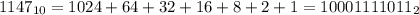 1147_{10} = 1024 + 64 + 32 + 16 + 8 + 2 + 1 = 10001111011_2