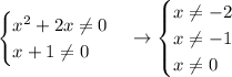 \displaystyle\begin{cases}x^2+2x\ne0\\x+1\ne0\end{cases}\to\begin{cases}x\ne-2\\x\ne-1\\x\ne0\end{cases}