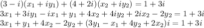 (3-i)(x_1+iy_1)+(4+2i)(x_2+iy_2)=1+3i\\ 3x_1+3iy_1-ix_1+y_1+4x_2+4iy_2+2ix_2-2y_2=1+3i\\ 3x_1+y_1+4x_2-2y_2+(3y_1-x_1+4y_2+2x_2)i=1+3i