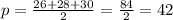 p = \frac{26 + 28 + 30}{2} = \frac{84}{2} = 42