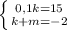 \left \{ {{0,1k=15} \atop {k+m=-2}} \right.