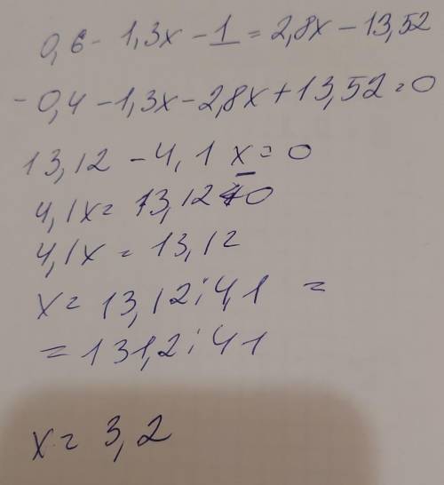 Знайдіть корінь рівняння:0,6-(1,3х+1)=2,8х-13,52​