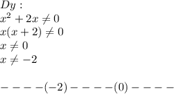 Dy:\\x^2+2x\neq0\\ x(x+2)\neq 0\\x\neq 0\\x\neq -2\\\\----(-2)----(0)----