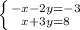 \left \{ {-x - 2y=-3} \atop {x + 3y=8}} \right.