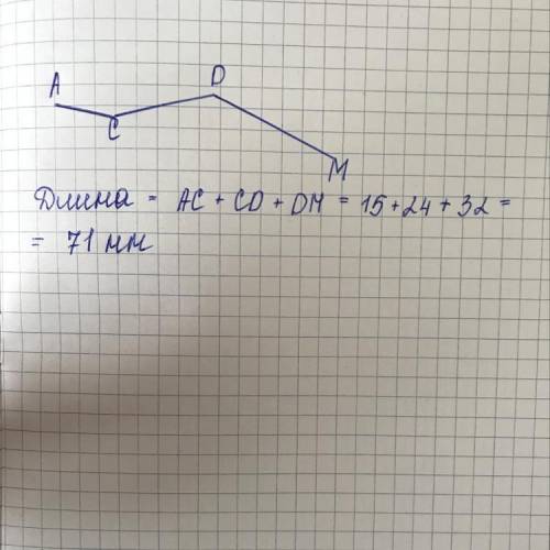 Постройте ломаную ACDM так, чтобы AC = 15 мм, CD = 24 мм,DM = 32 мм. Вычислите длинуломаной.​