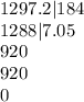 1297.2 | 184 \\1288 |7.05\\ 920 \\ 920 \\ 0