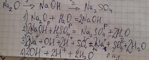 Осуществите следующий превращения, напишите молекулярные и ионные уравнения: 1) Na2O → NaOH → Na2SO4