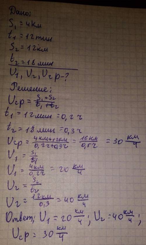 Автомобиль первые 4 км за 12 минут, а оставшиеся 12 км-за 18 минут. Определите средний скорость авто