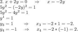 2.\ x+2y=0\ \ \ \ \Rightarrow\ \ \ \ x=-2y\\5y^2-(-2y)^2=1\\5y^2-4y^2=1\\y^1=1\\y_3=1\ \ \ \ \ \ \Rightarrow\ \ \ \ x_3=-2*1=-2.\\y_4=-1\ \ \ \ \Rightarrow\ \ \ \ x_4=-2*(-1)=2.