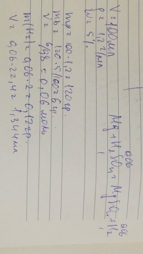 Магний растворили в разбавленной серной кислоты 100 мл, плотность 1.2 г/мл, массовая доля кислоты 5%