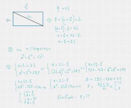 104. а) Диагональ прямоугольника равна 17 см, а его периметр 46 см. Найдите стороны этого прямоуголь