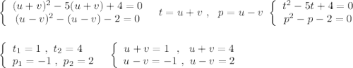 \left\{\begin{array}{ccc}(u+v)^2-5(u+v)+4=0\\(u-v)^2-(u-v)-2=0\end{array}\right\ \ t=u+v\ ,\ \ p=u-v\ \left\{\begin{array}{ccc}t^2-5t+4=0\\p^2-p-2=0\end{array}\right\\\\\\\left\{\begin{array}{l}t_1=1\ ,\ t_2=4\\p_1=-1\ ,\ p_2=2\end{array}\right\ \ \left\{\begin{array}{ccc}u+v=1\ \ ,\ \ u+v=4\\u-v=-1\ ,\ u-v=2\end{array}\right