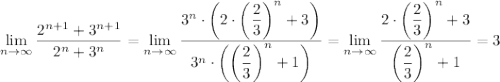 \lim\limits_{n\to\infty}\dfrac{2^{n+1}+3^{n+1}}{2^n+3^n}=\lim\limits_{n\to\infty}\dfrac{3^{n}\cdot\left(2\cdot{\left(\dfrac{2}{3}\right)}^{n}+3\right)}{3^n\cdot\left({\left(\dfrac{2}{3}\right)}^{n}+1\right)}=\lim\limits_{n\to\infty}\dfrac{2\cdot{\left(\dfrac{2}{3}\right)}^{n}+3}{{\left(\dfrac{2}{3}\right)}^{n}+1}=3