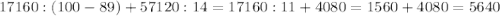 17160:(100 - 89) + 57120:14 = 17160 : 11 + 4080 = 1560+4080=5640