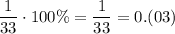 \dfrac{1}{33}\cdot100\%=\dfrac{1}{33}=0.(03)