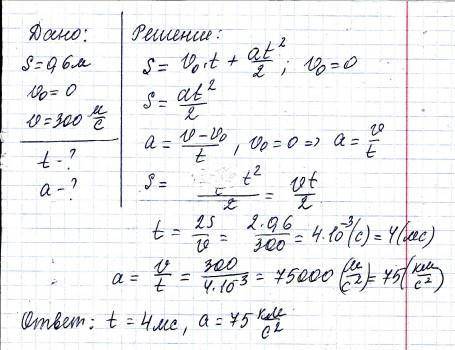 пуля при вылетит из ствола имела скорость - 300м/с. длина ствола - 60см. Найти: ускорение и время вы