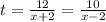 t = \frac{12}{x+2} = \frac{10}{x-2}