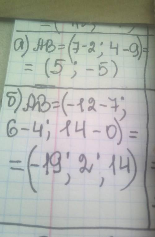 85. Найдите координаты вектора AB, если: а) А(2; 9), B(7; 4);б) А(7,4; 0), B(-12,6; 14).​