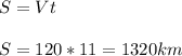 S=Vt\\\\S=120*11=1320km