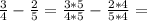 \frac{3}{4}-\frac{2}{5}=\frac{3*5}{4*5}-\frac{2*4}{5*4}=