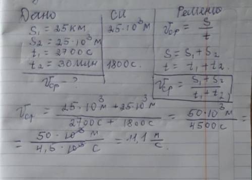 Автомобиль проходит первые 25км за 2700с, следующие 25*10 3 м за 30 мин. Чему равна средняя скорость