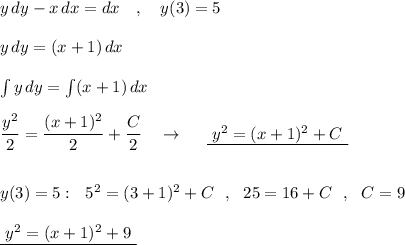 y\, dy-x\, dx=dx\ \ \ ,\ \ \ y(3)=5\\\\y\, dy=(x+1)\, dx\\\\\int y\, dy=\int (x+1)\, dx\\\\\dfrac{y^2}{2}=\dfrac{(x+1)^2}{2}+\dfrac{C}{2}\ \ \ \to \ \ \ \ \underline {\ y^2=(x+1)^2+C\ }\\\\\\y(3)=5:\ \ 5^2=(3+1)^2+C\ \ ,\ \ 25=16+C\ \ ,\ \ C=9\\\\\underline {\ y^2=(x+1)^2+9\ }