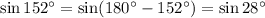 \sin 152 ^{\circ}=\sin(180^{\circ}-152^{\circ})=\sin 28 ^{\circ}