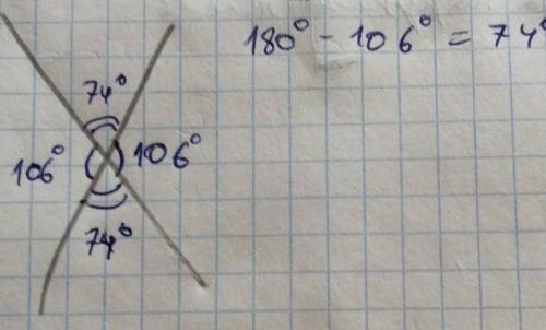один из углов, образовавшихся при пересечении двух прямых, равен 106 градусов. найдите градусные мер