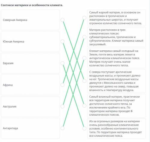 Соотнеси материки и особенности климата. Северная АмерикаЮжная АмерикаЕвразияАфрикаАвстралияАнтаркти