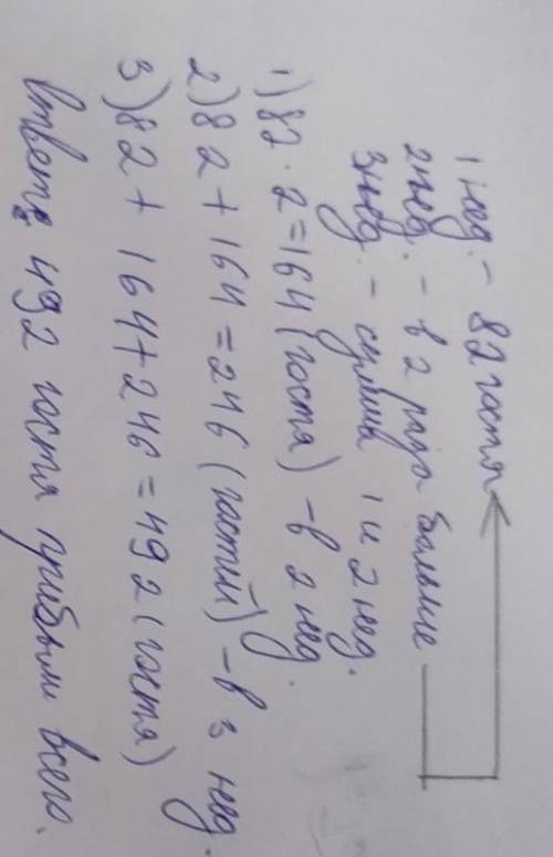 в первую неделю в гостиницу прибыло 82 костя,во вторую неделю прибыло в два раза больше гостей,а в т