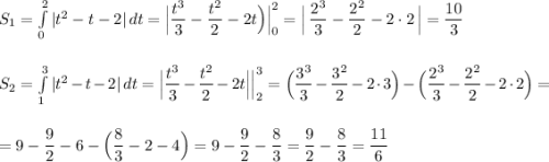 S_1=\int \limits _0^{2}|t^2-t-2|\, dt=\Big|\dfrac{t^3}{3}-\dfrac{t^2}{2}-2t\Big)\Big|_0^{2}=\Big|\, \dfrac{2^3}{3}-\dfrac{2^2}{2}-2\cdot 2\, \Big|=\dfrac{10}{3}\\\\\\S_2=\int \limits _1^{3}|t^2-t-2|\, dt=\Big|\dfrac{t^3}{3}-\dfrac{t^2}{2}-2t\Big|\Big|_2^{3}=\Big(\dfrac{3^3}{3}-\dfrac{3^2}{2}-2\cdot 3\Big)-\Big(\dfrac{2^3}{3}-\dfrac{2^2}{2}-2\cdot 2\Big)=\\\\\\=9-\dfrac{9}{2}-6-\Big(\dfrac{8}{3}-2-4\Big)=9-\dfrac{9}{2}-\dfrac{8}{3}=\dfrac{9}{2}-\dfrac{8}{3}=\dfrac{11}{6}