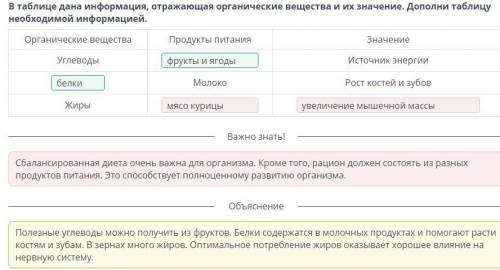 В таблице дана информация, отражающая органические вещества и их значение. Дополни таблицу необходим