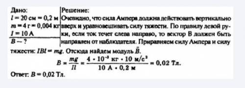 По горизонтально расположенному проводнику длиной 20 см и массой 4 г течет ток 10 А. Найдите индукци