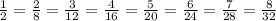 \frac{1}{2} = \frac{2}{8} = \frac{3}{12} = \frac{4}{16} = \frac{5}{20} = \frac{6}{24} = \frac{7}{28} = \frac{8}{32}