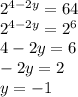 2^{4-2y} = 64\\2^{4-2y} = 2^6\\4-2y = 6\\-2y = 2\\y = -1